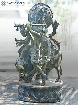 38" Lord Krishna Playing Flute Standing with Cow | Orissa Stone Statue | Exquisite Handmade Indian Artwork