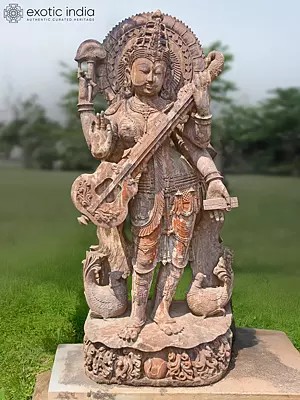 57" Standing Goddess Saraswati Holding Veena | Sandstone Statue | Exquisite Handmade Indian Art