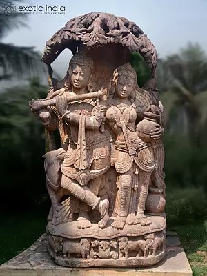 69" Radha Krishna Standing under the Tree | Sandstone Statue | Exquisite Handmade Indian Art