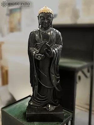 33" Standing Lord Buddha | Black Marble Statue | Exquisite Indian Art