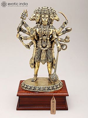 11" Brass Superfine Standing Panchamukhi Lord hanuman on Wood Base