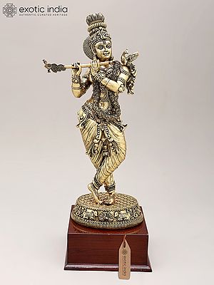 15" Superfine Fluting Lord Krishna | Brass Statue on Wood Base