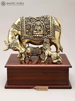 7" Superfine Kamadhenu Cow and Calf with Baby Krishna | Brass Statue on Wood Base