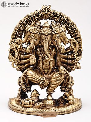 3" Small Ashtabhuja Lord Ganesha with Five Heads Seated on Kirtimukha Throne | Copper Statue | Made in India