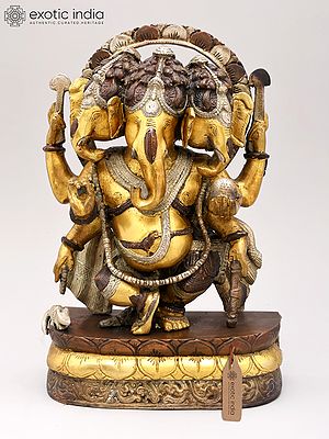 12" Three Headed Dancing Ganesha Brass Idol | Handmade Brass Statue