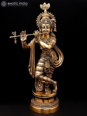 36" Large Krishna Brass Statue Playing Flute | Home Temple Religious Figurine