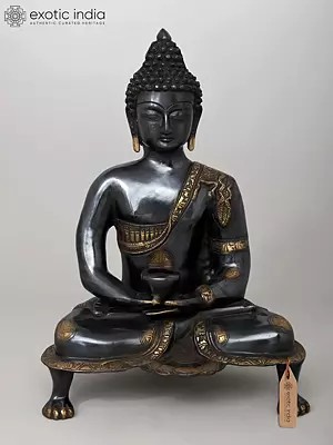 20" Black Buddha in Dhyana Mudra - (Robes Decorated with Scenes from the Life of Buddha) In Brass | Handmade | Made In India