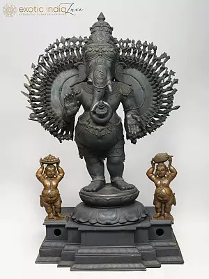 54" Hundred Armed Standing Lord Ganesha | A Staggering Triumph of Chola Artistic Tradition In Panchaloha Bronze | Made In Swamimalai, Tamil Nadu, India