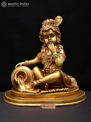 8" Butter Thief Baby Krishna Statue in Brass