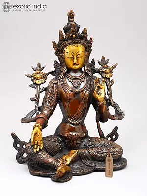 10" Tibetan Buddhist Goddess Green Tara in Brown and Golden Hues In Brass | Handmade | Made In India