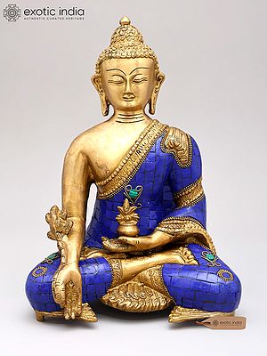 11" Tibetan Buddhist Deity Lapis Buddha of Healing In Brass