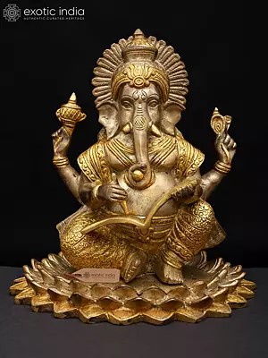 8" Ganesha Seated on Triple Lotus Pedestal and Writing The Mahabharata In Brass | Handmade | Made In India