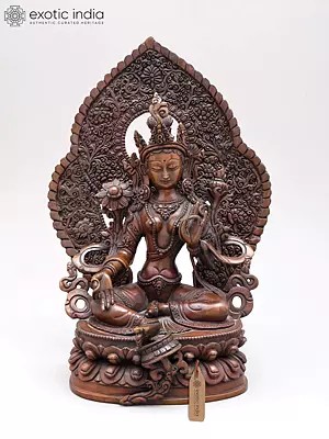 Seated Green Tara, Under A Densely Engraved Aureole