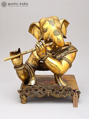 11" Flutist Ganesha Brass Statue | Indian Handcrafted Idol