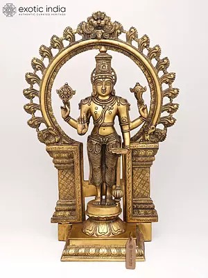 21" Chaturbhuja Standing Vishnu with Kirtimukha Ring In Brass | Handmade | Made In India