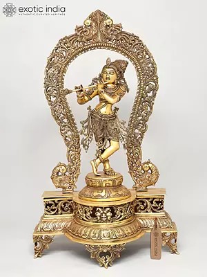 31" Murli Krishna on an Elaborate Pedestal with Impressive Peacock Prabhawali In Brass | Handmade | Made In India