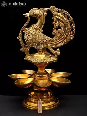 6" Peacock Oil Lamp with Seven Wick in Brass | Handmade | Made in India