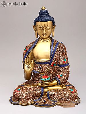 13" Gautam Buddha Preaching His Dharma With Inlay Work In Brass | Handmade | Made In India