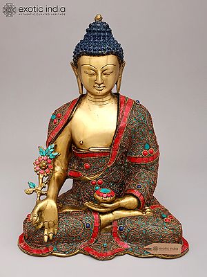 13" Medicine Buddha with Superfine Brass Statue with Inlay Work | Tibetan Buddhist Idols