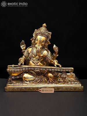 9" Lord Ganesha Brass Statue Playing Veena | Handmade | Made In India