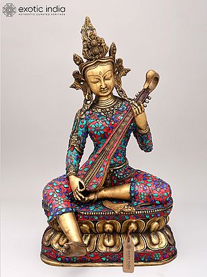 22" Nepalese form of Saraswati Brass Idol with Inlay Work | Indian Handcrafted Idol