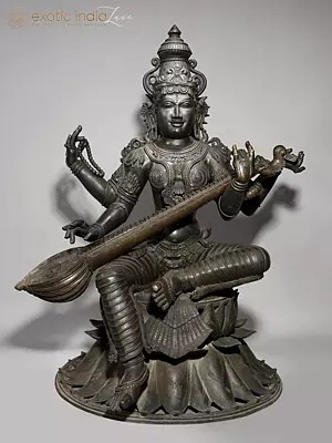48" Large Superfine Goddess Saraswati Seated on Lotus | Madhuchista Vidhana (Lost-Wax) | Panchaloha Bronze from Swamimalai
