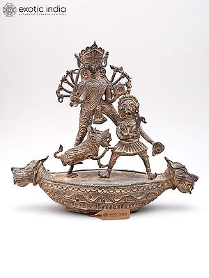 11" Brass Goddess Mahishasura Mardini (Tribal Dhokra Art)