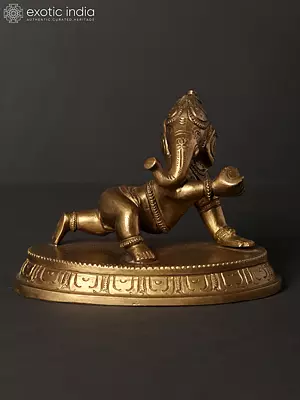 5" Small Crawling Baby Ganesha with Modak | Hoysala Art Bronze Statue