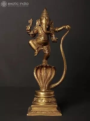 9" Lord Ganesha Idol Dancing on Five-Hooded Serpent | Hoysala Art Bronze Statue