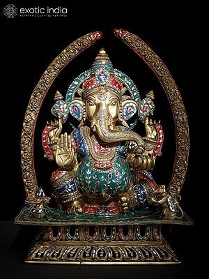 22" Blessing Lord Ganapati with Arch | Brass Statue with Inlay Work