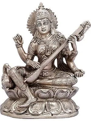 9" Goddess Saraswati Seated on Lotus with Swan In Brass | Handmade | Made In India