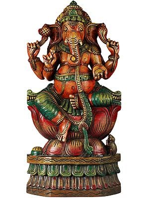 The Lotus-Seated Shri Ganesha Wooden Sculpture