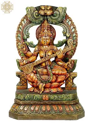 Goddess Saraswati South Indian Temple Wood Carving