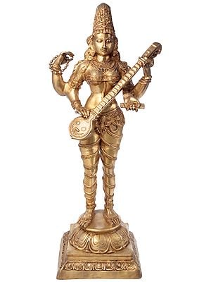52" Large Size Vina-Vadini Saraswati Brass Statue | Handmade | Made in India