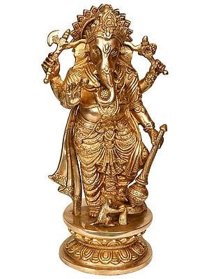12" Standing Ganesha with Mace In Brass | Handmade | Made In India
