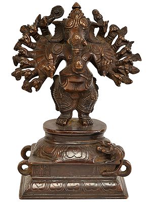 8" Sixteen-Armed Vira-Ganesha In Brass | Handmade | Made In India