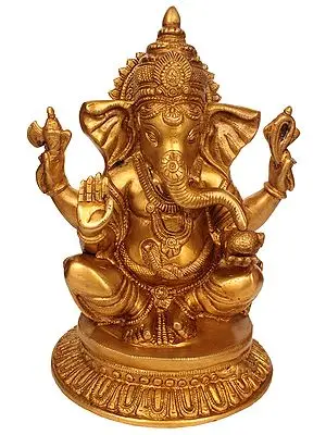 12" Four Armed Seated Ganesha Granting Abhaya In Brass | Handmade | Made In India