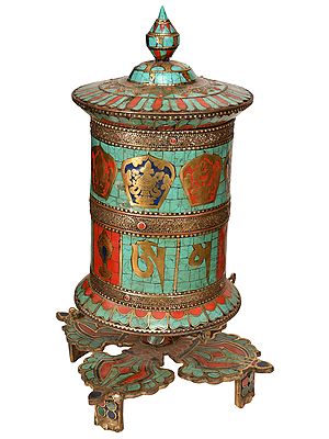 Ashtamangala Prayer Wheel On Interlocked Vajra Stand