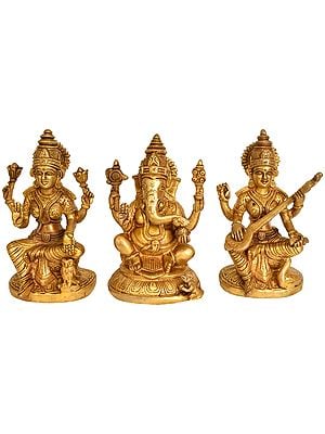 6" Lakshmi Ganesha and Saraswati (Set of 3 Statues) in Brass | Handmade Religious Figurine