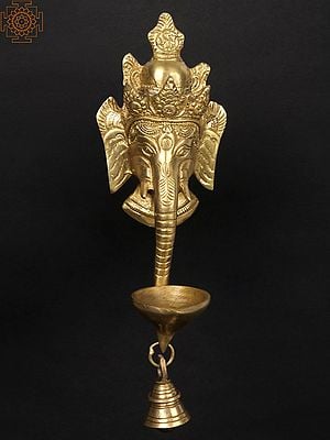 11" Lord Ganesha Wall Hanging Mask with Brass Diya and Bell | Handmade | Made in India
