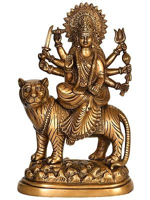 14" Simhavahani Goddess Durga Brass Statue | Handmade Sherawali Mata Brass Idol | Made in India