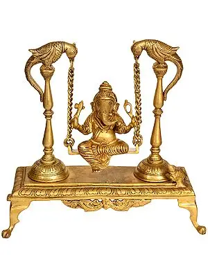 10" Brass Lord Ganesha Idol on a Parrot Swing | Handmade