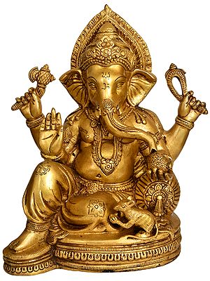 12" Chaturbhuja Relaxing Ganesha Idol Seated on a Chowki with Cushion | Handmade Brass Statue