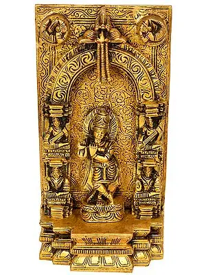 7" Brass Fluting Krishna Idol on Almond-Shaped Aureole | Handmade Religious Figurine