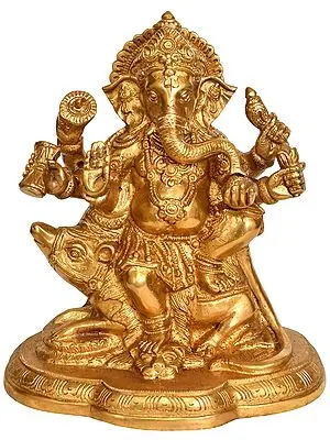 8" Six Armed Ganesha Riding His Vehicle In Brass | Handmade | Made In India