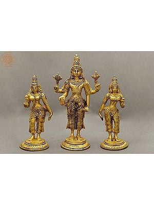 6" Brass Lord Vishnu Statue with Shridevi and Bhudevi | Handmade | Made in India
