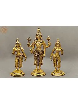 6" Lord Vishnu with Shridevi and Bhudevi In Brass | Handmade | Made In India
