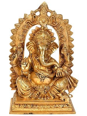 12" Lord Ganesha with Floral Aureole In Brass | Handmade | Made In India