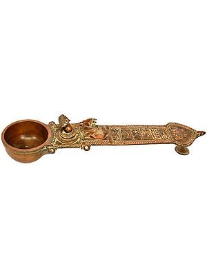 Large Size Brass Ritual Spoon (Uddharani) with Figures of Nandi and Shiva Linga