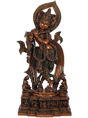 25" Gopis Take Shelter at Krishna's Feet (Pedestal Depicts Bala Lila of Shri Krishna) In Brass | Handmade | Made In India